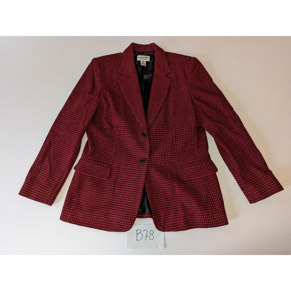 Pendleton Virgin Wool Red Checkered Blazer Size 14 Vintage -0623B78
